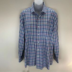Alan Flusser Plaid Blue Dress Shirt button Down Long Sleeve 100% Cotton Medium
